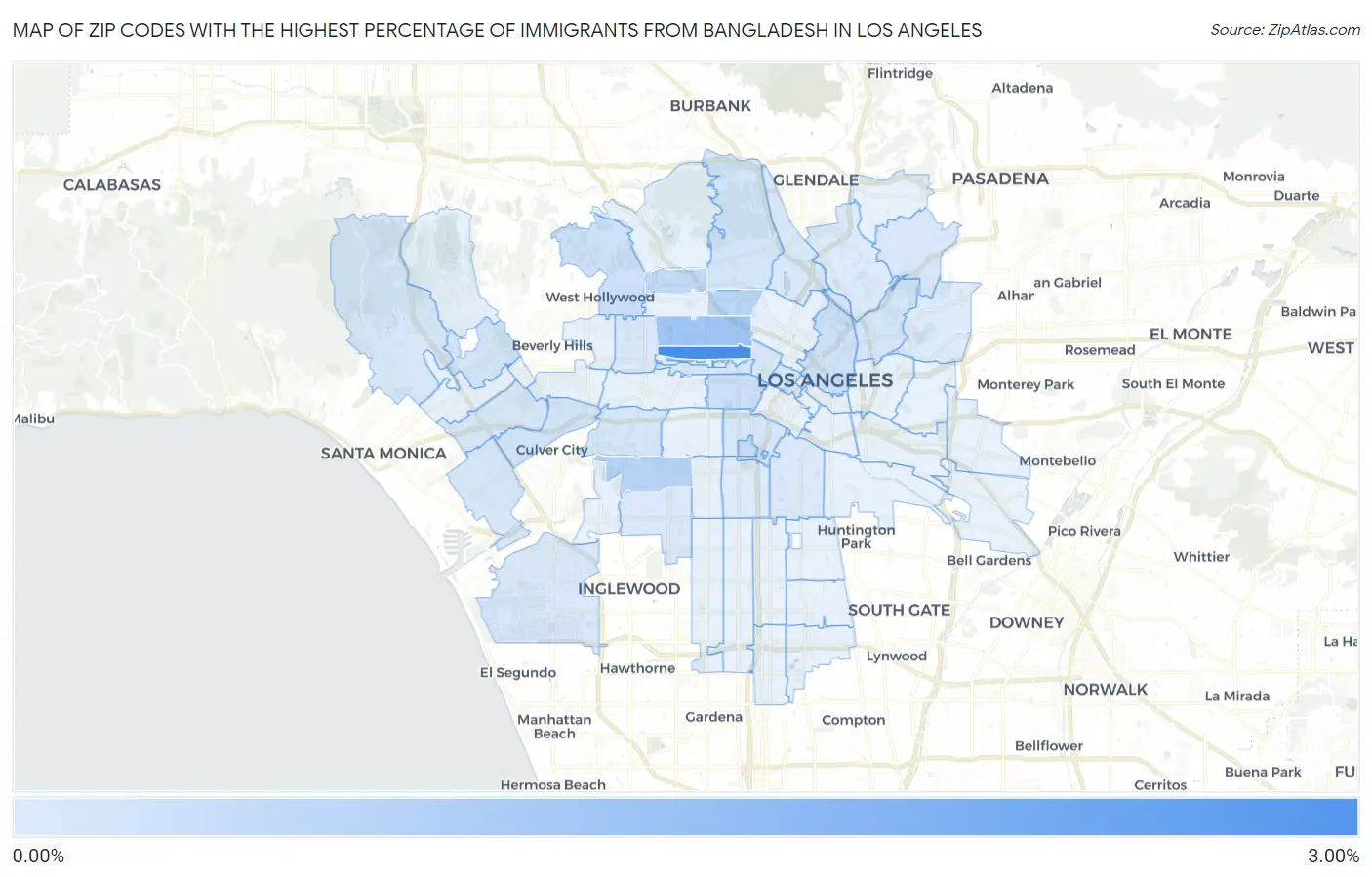 Zip Codes with the Highest Percentage of Immigrants from Bangladesh in Los Angeles Map