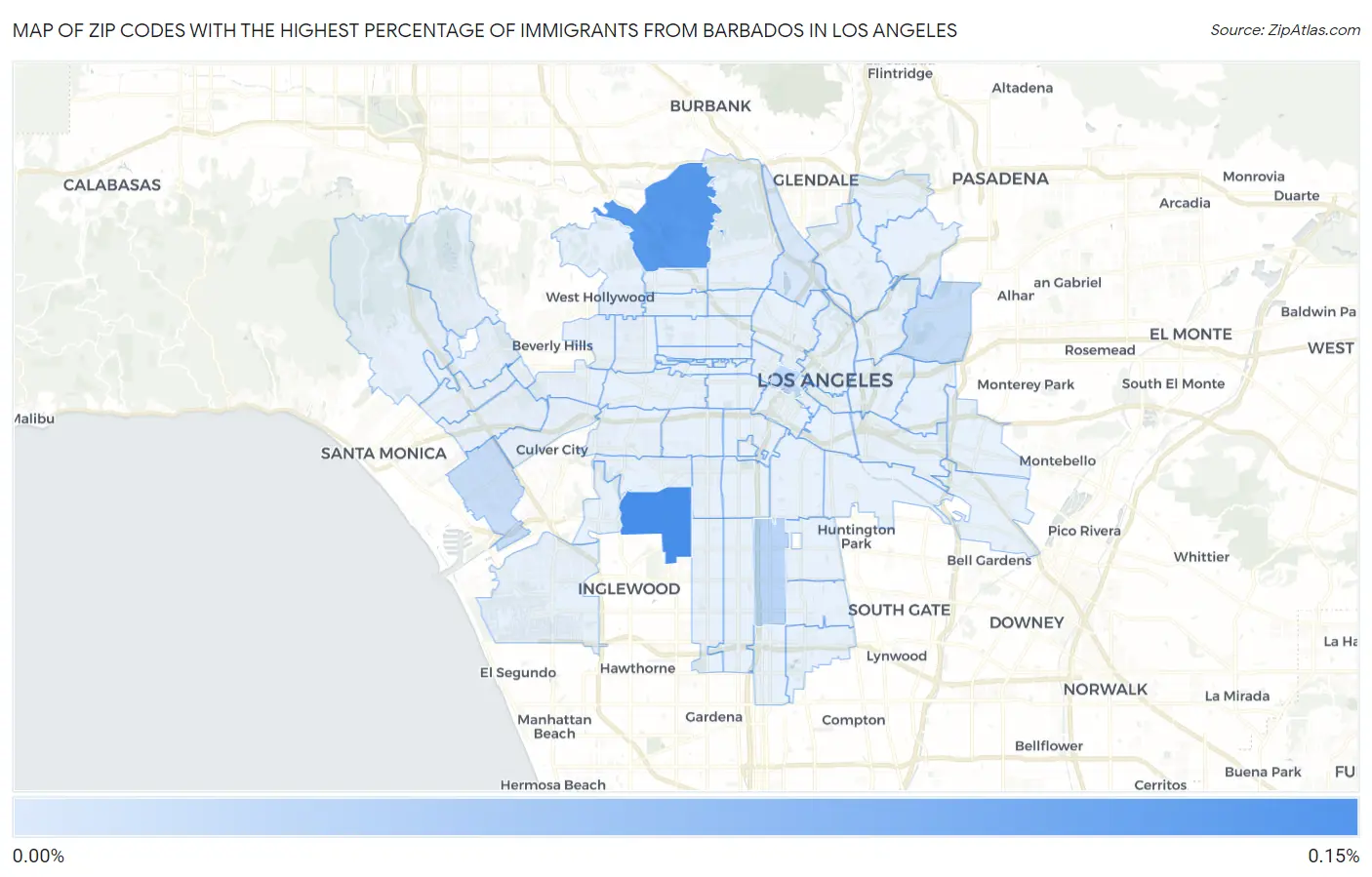 Zip Codes with the Highest Percentage of Immigrants from Barbados in Los Angeles Map