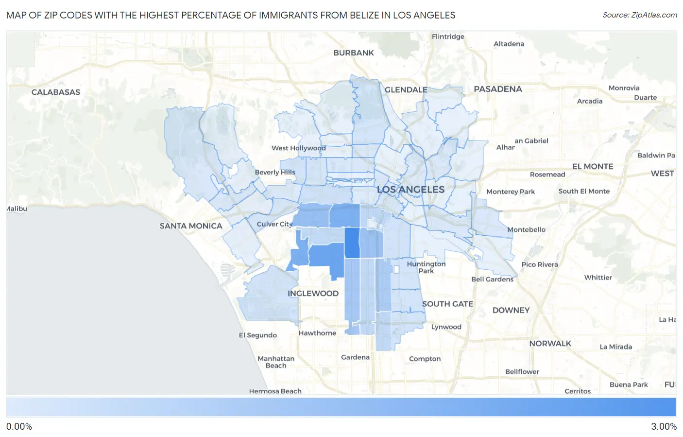 Zip Codes with the Highest Percentage of Immigrants from Belize in Los Angeles Map