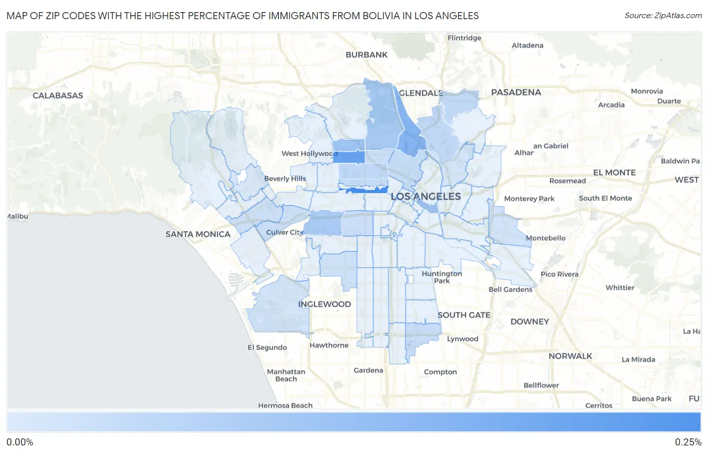 Zip Codes with the Highest Percentage of Immigrants from Bolivia in Los Angeles Map