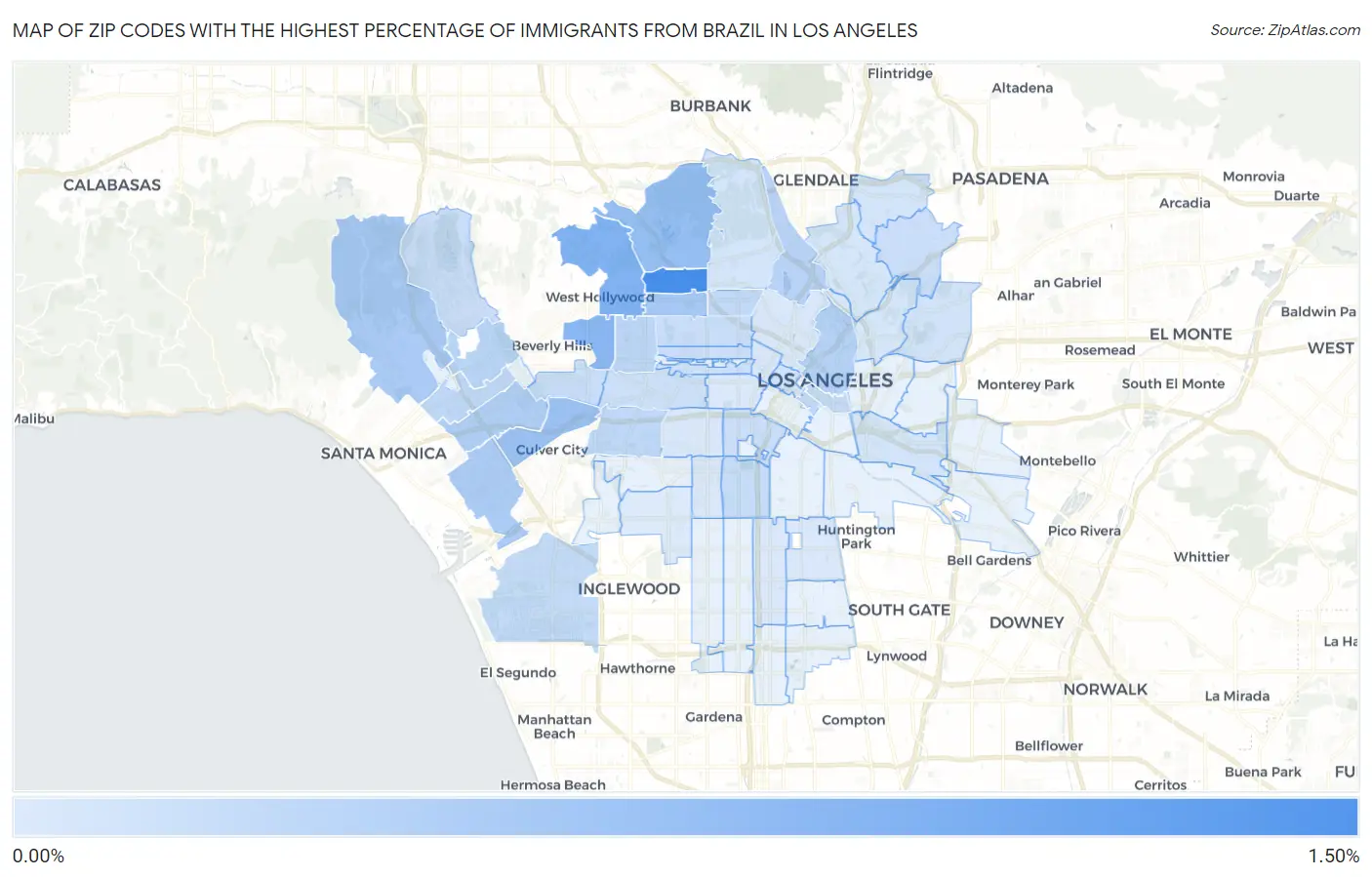 Zip Codes with the Highest Percentage of Immigrants from Brazil in Los Angeles Map