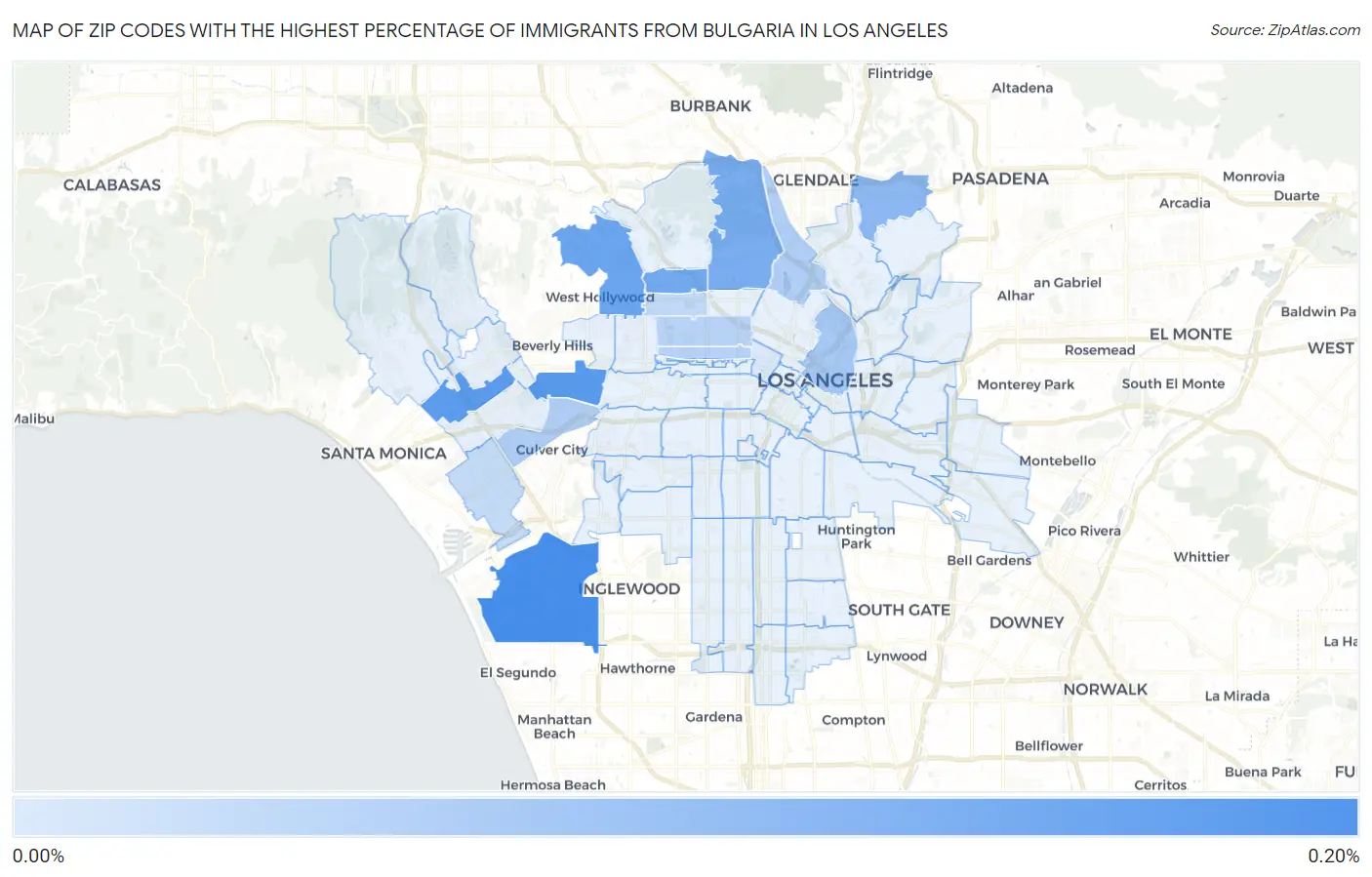 Zip Codes with the Highest Percentage of Immigrants from Bulgaria in Los Angeles Map