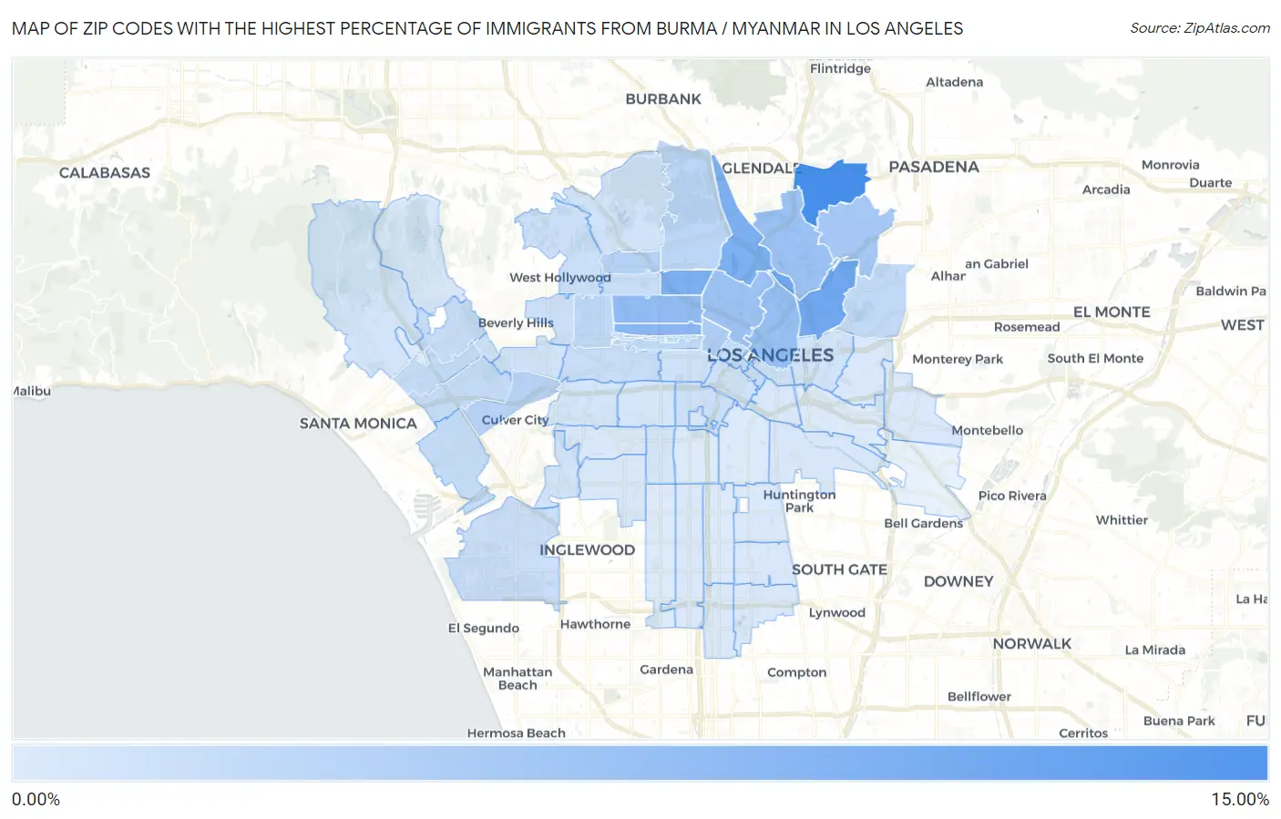 Zip Codes with the Highest Percentage of Immigrants from Burma / Myanmar in Los Angeles Map