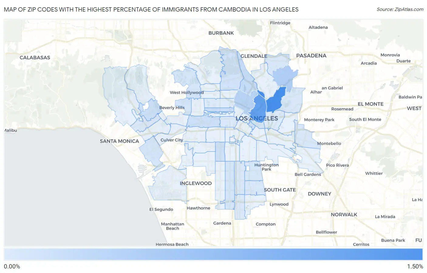 Zip Codes with the Highest Percentage of Immigrants from Cambodia in Los Angeles Map