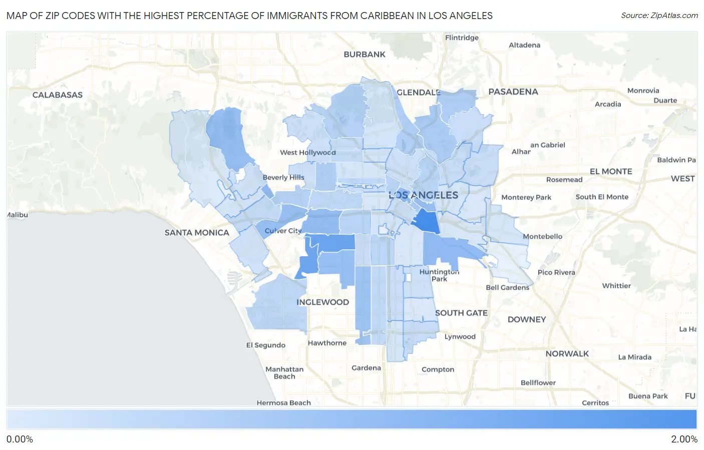 Zip Codes with the Highest Percentage of Immigrants from Caribbean in Los Angeles Map