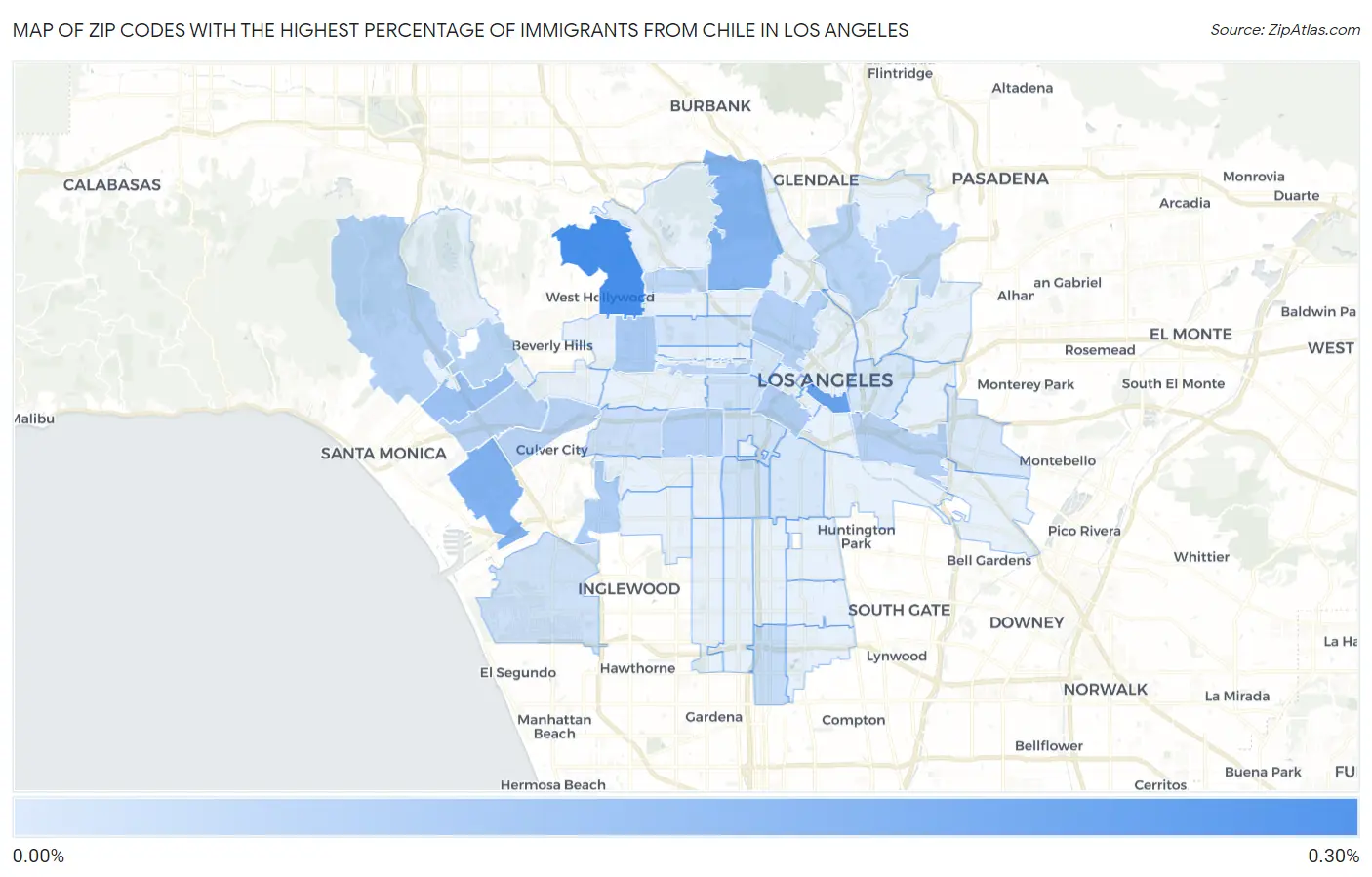 Zip Codes with the Highest Percentage of Immigrants from Chile in Los Angeles Map