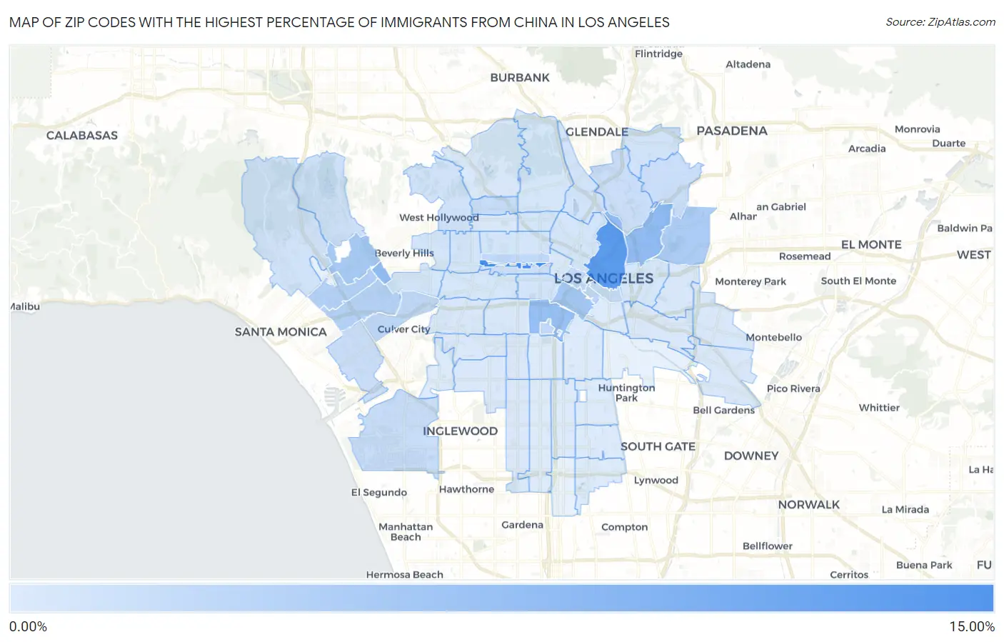 Zip Codes with the Highest Percentage of Immigrants from China in Los Angeles Map
