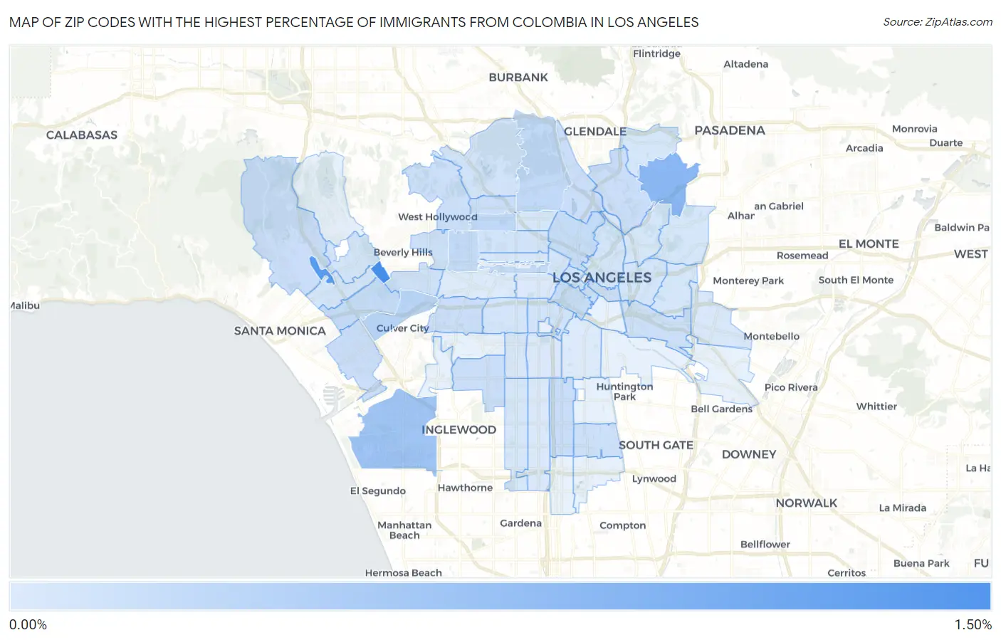 Zip Codes with the Highest Percentage of Immigrants from Colombia in Los Angeles Map