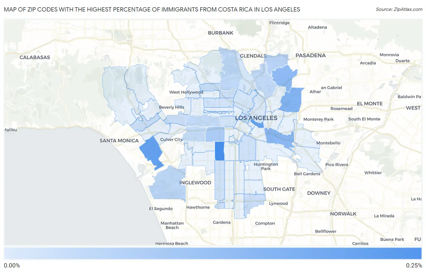 Zip Codes with the Highest Percentage of Immigrants from Costa Rica in Los Angeles Map