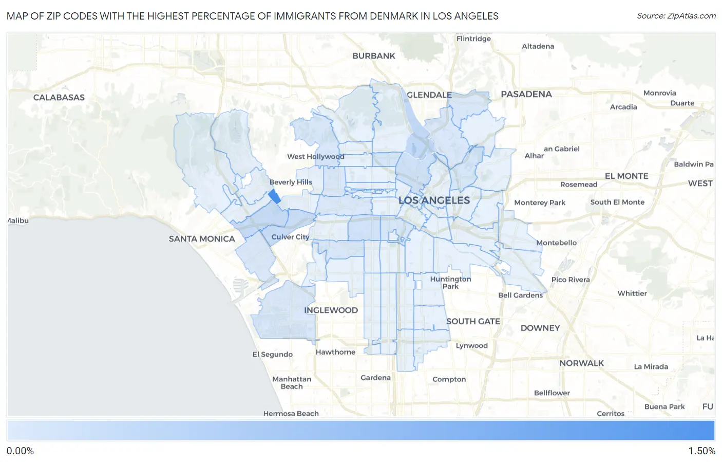 Zip Codes with the Highest Percentage of Immigrants from Denmark in Los Angeles Map