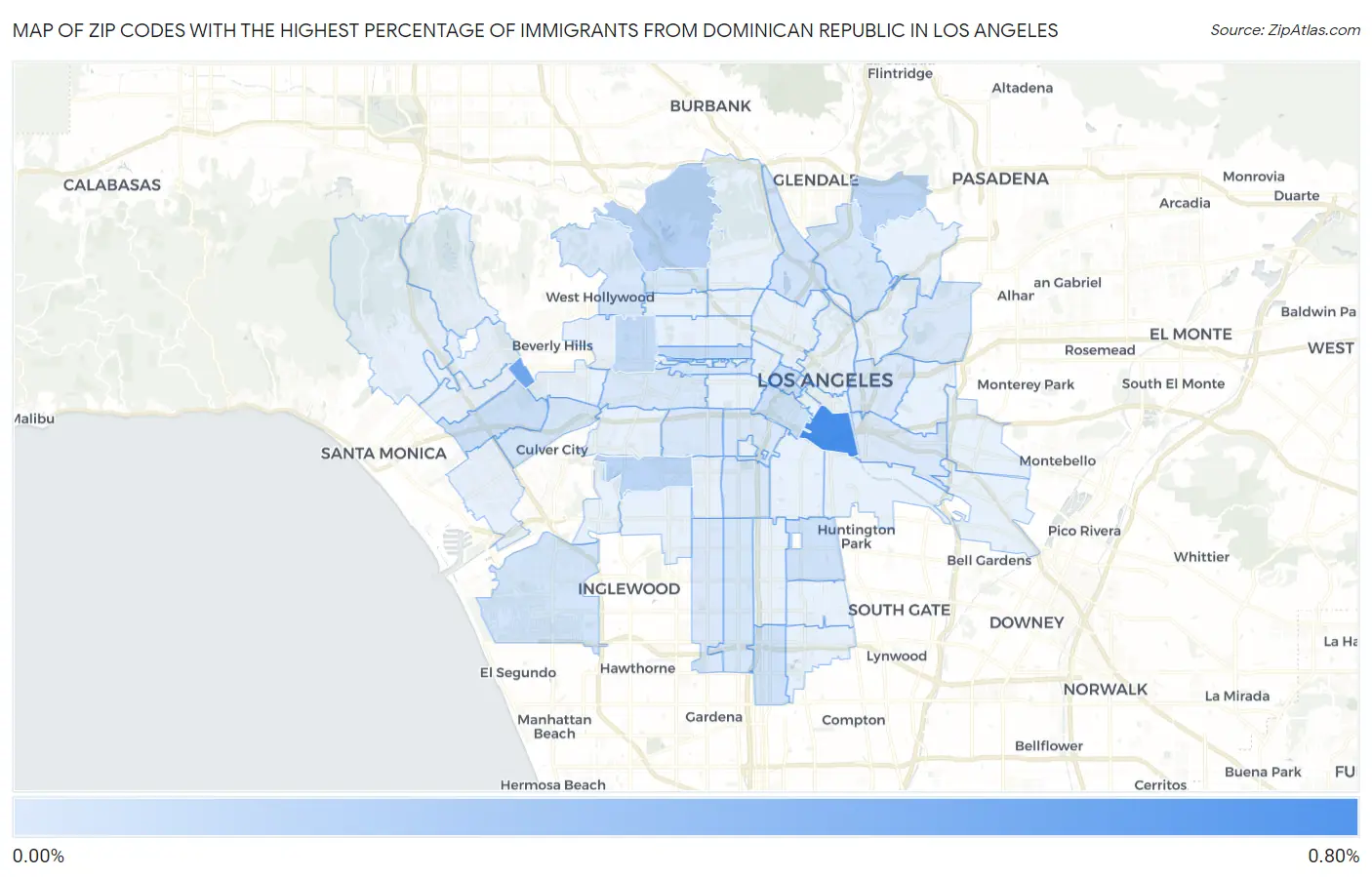 Zip Codes with the Highest Percentage of Immigrants from Dominican Republic in Los Angeles Map