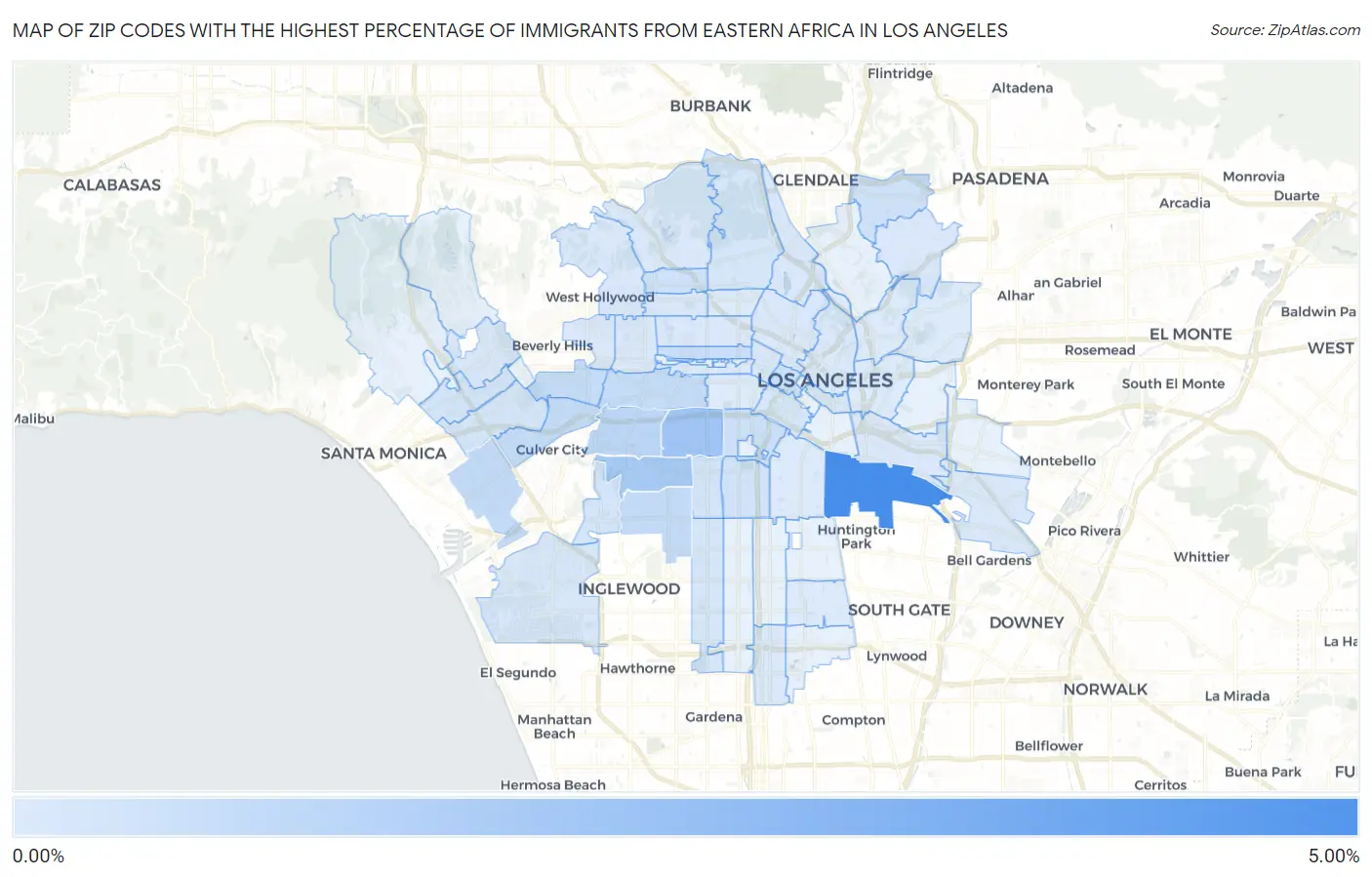 Zip Codes with the Highest Percentage of Immigrants from Eastern Africa in Los Angeles Map