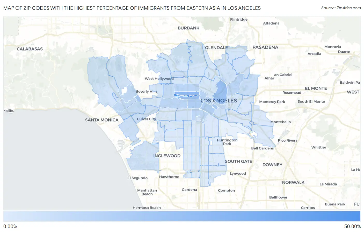 Zip Codes with the Highest Percentage of Immigrants from Eastern Asia in Los Angeles Map