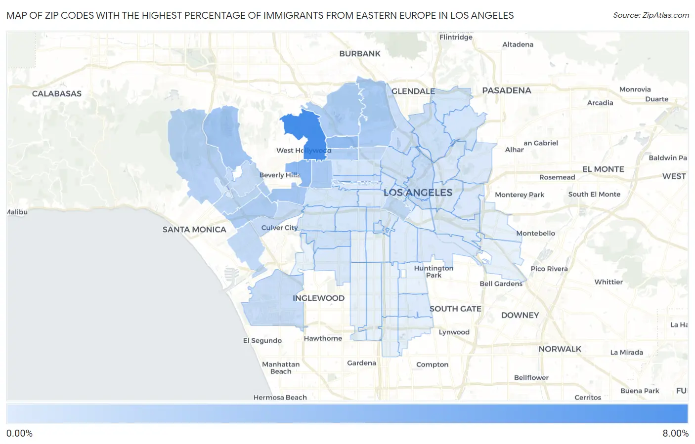 Zip Codes with the Highest Percentage of Immigrants from Eastern Europe in Los Angeles Map