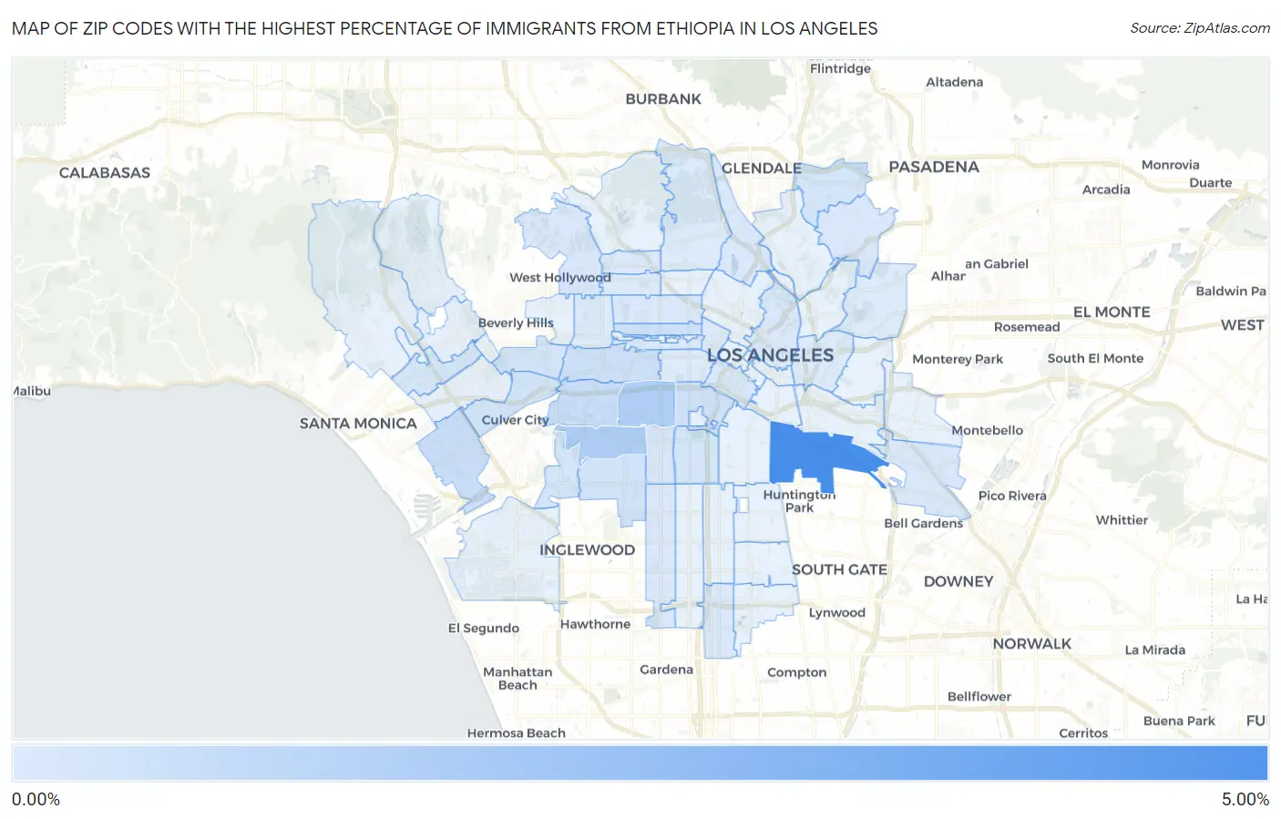 Zip Codes with the Highest Percentage of Immigrants from Ethiopia in Los Angeles Map