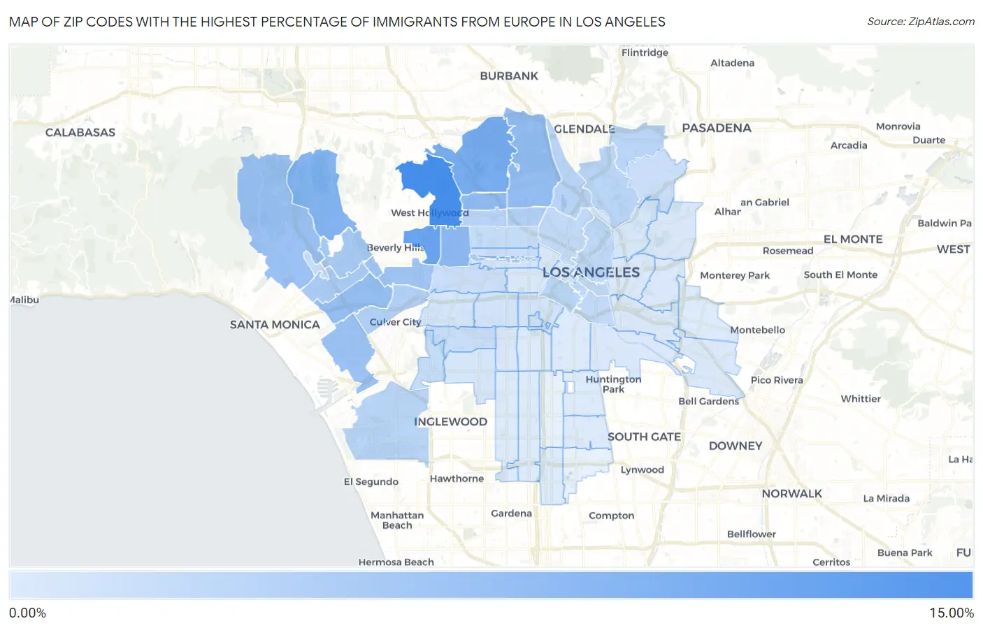 Zip Codes with the Highest Percentage of Immigrants from Europe in Los Angeles Map