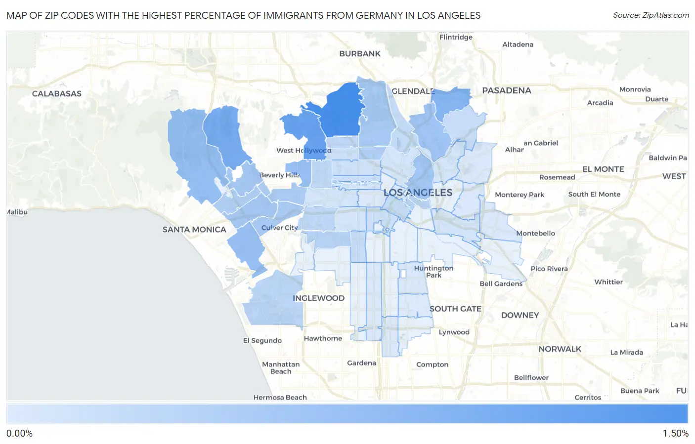 Zip Codes with the Highest Percentage of Immigrants from Germany in Los Angeles Map