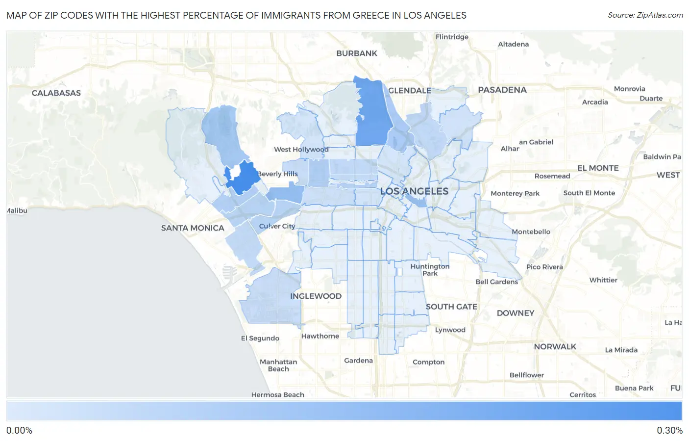 Zip Codes with the Highest Percentage of Immigrants from Greece in Los Angeles Map
