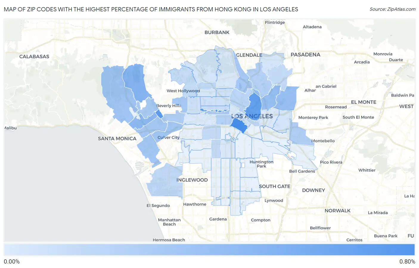 Zip Codes with the Highest Percentage of Immigrants from Hong Kong in Los Angeles Map