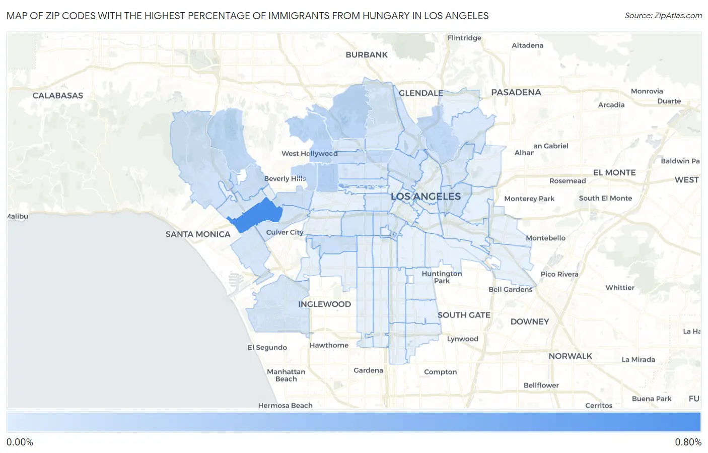 Zip Codes with the Highest Percentage of Immigrants from Hungary in Los Angeles Map
