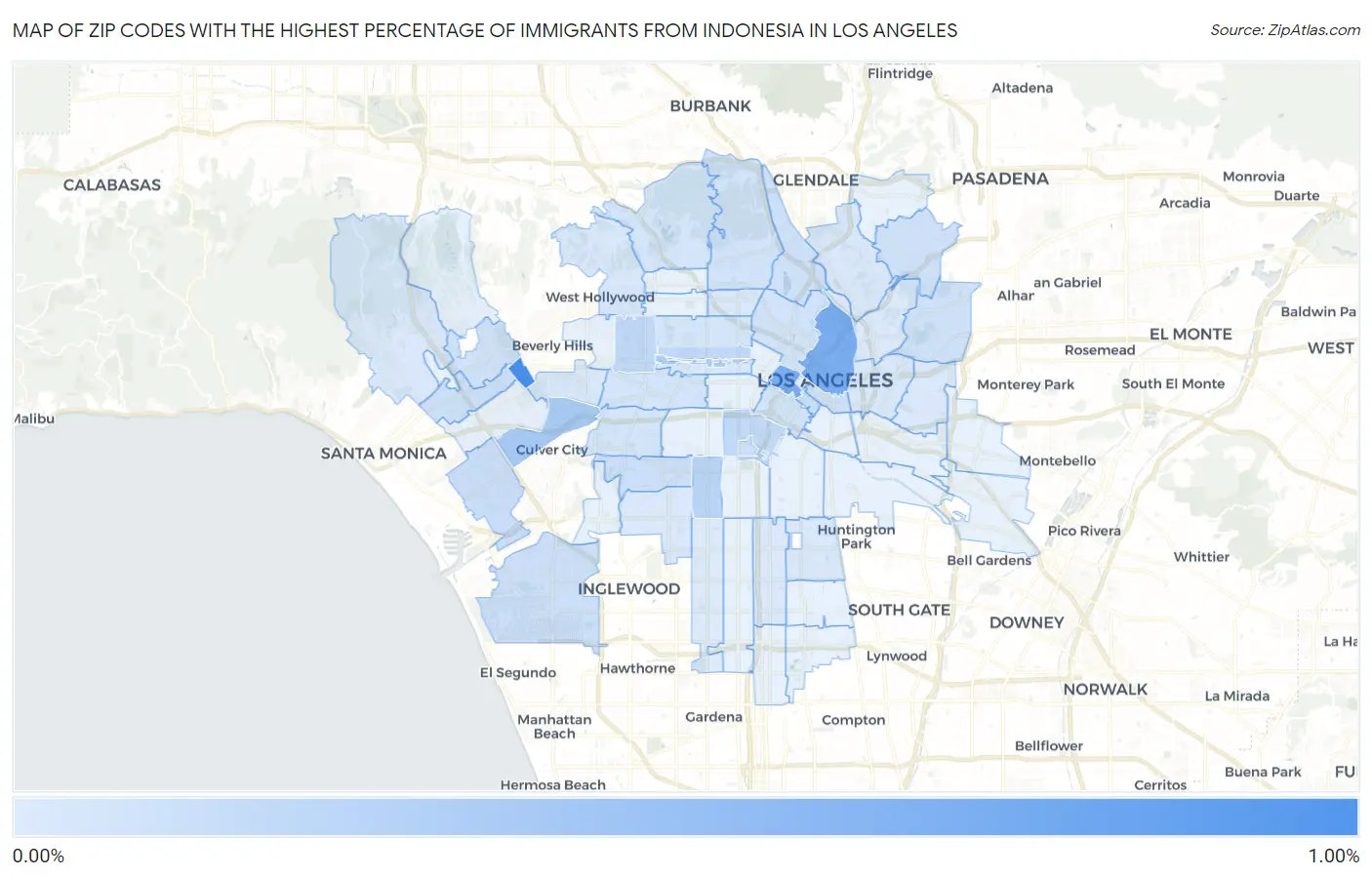 Zip Codes with the Highest Percentage of Immigrants from Indonesia in Los Angeles Map
