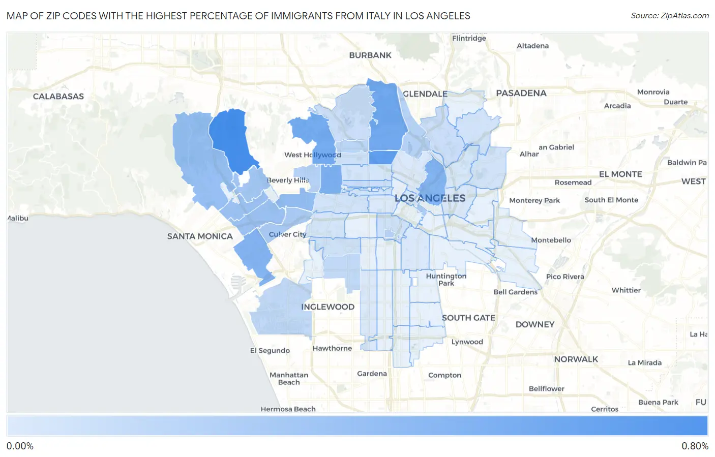 Zip Codes with the Highest Percentage of Immigrants from Italy in Los Angeles Map
