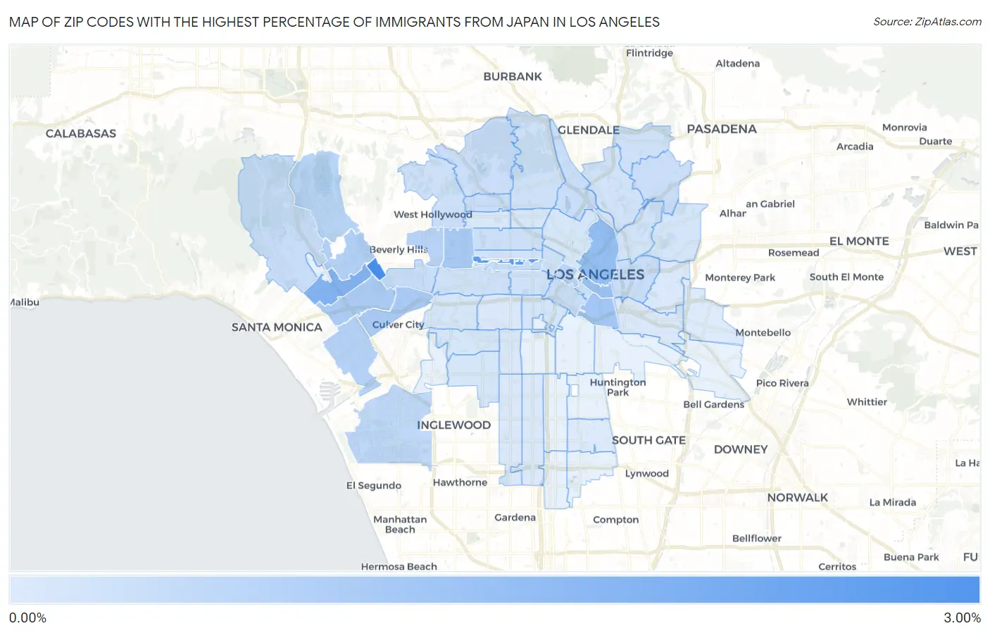 Zip Codes with the Highest Percentage of Immigrants from Japan in Los Angeles Map