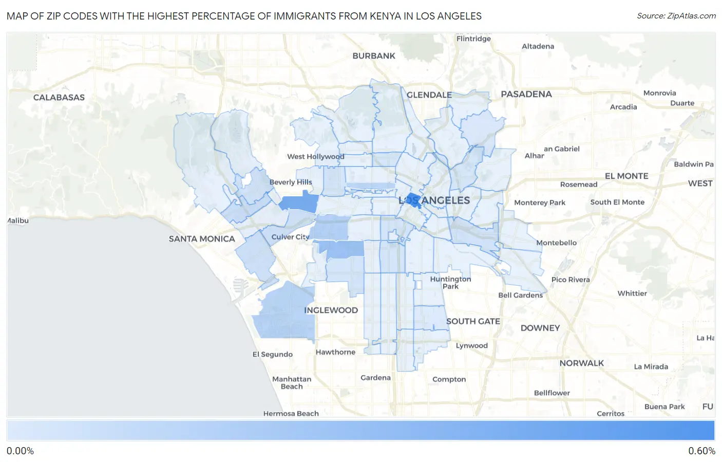 Zip Codes with the Highest Percentage of Immigrants from Kenya in Los Angeles Map