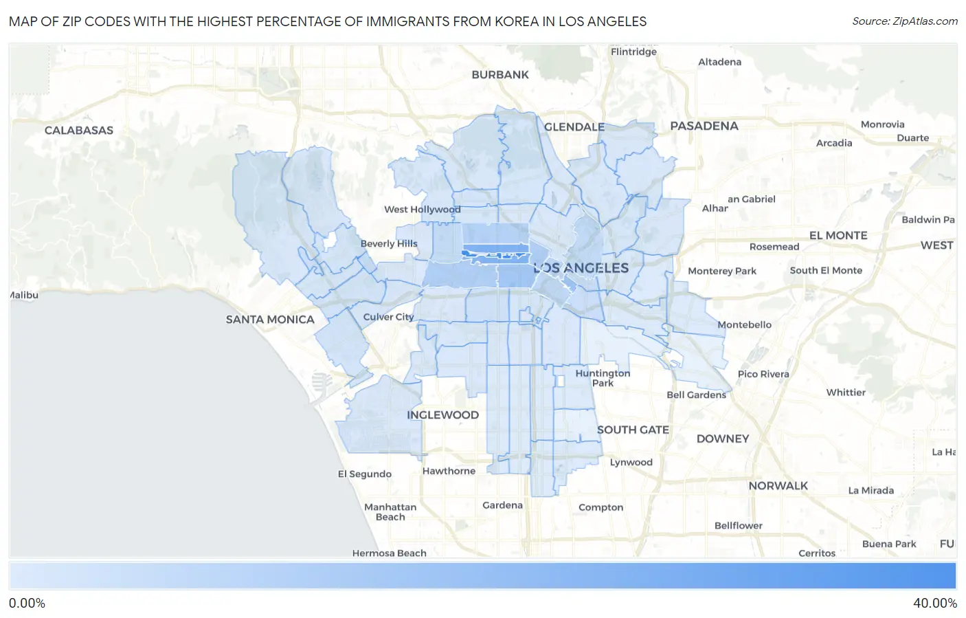 Zip Codes with the Highest Percentage of Immigrants from Korea in Los Angeles Map
