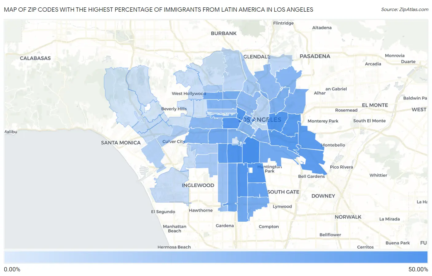 Zip Codes with the Highest Percentage of Immigrants from Latin America in Los Angeles Map