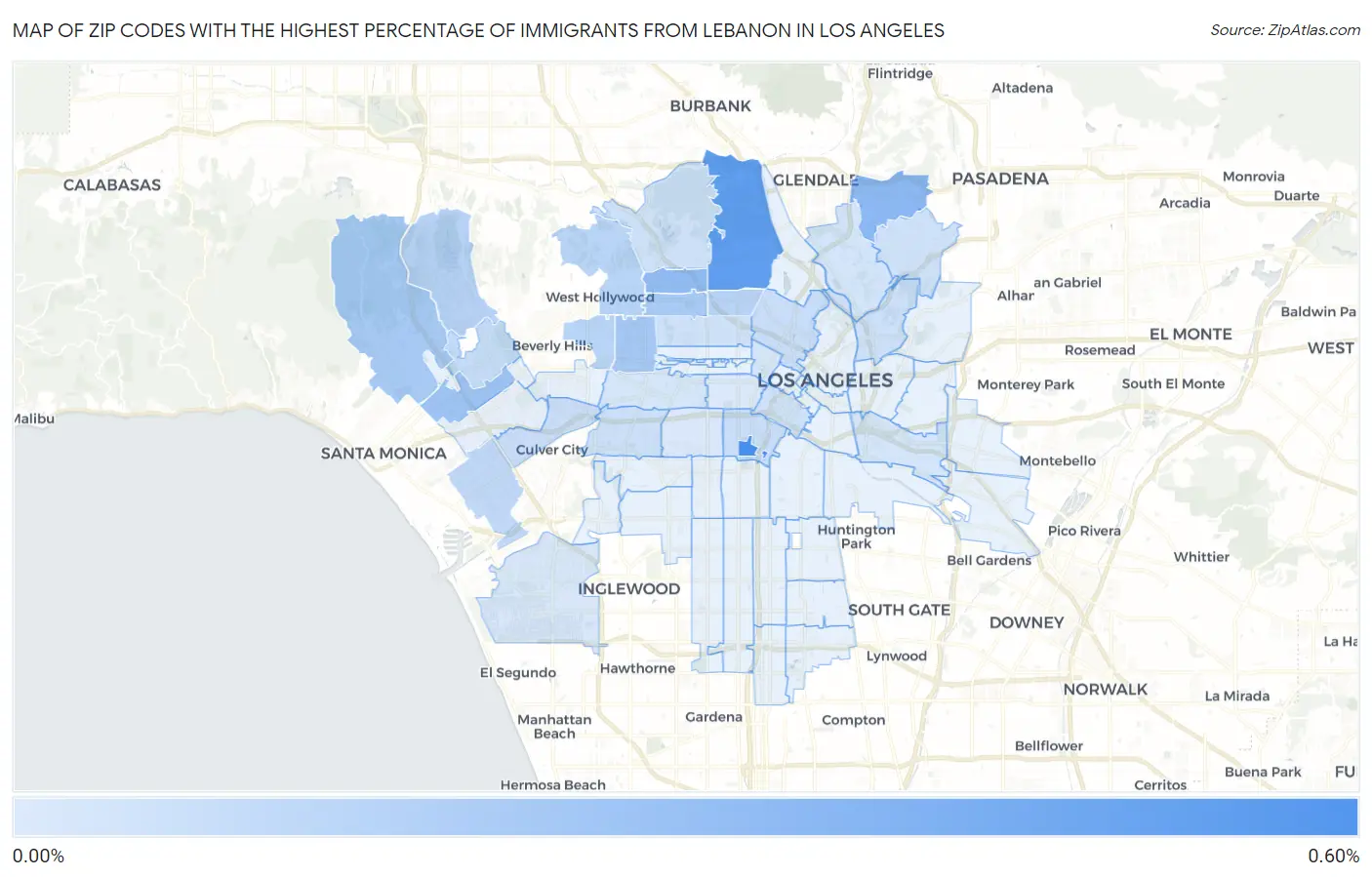 Zip Codes with the Highest Percentage of Immigrants from Lebanon in Los Angeles Map