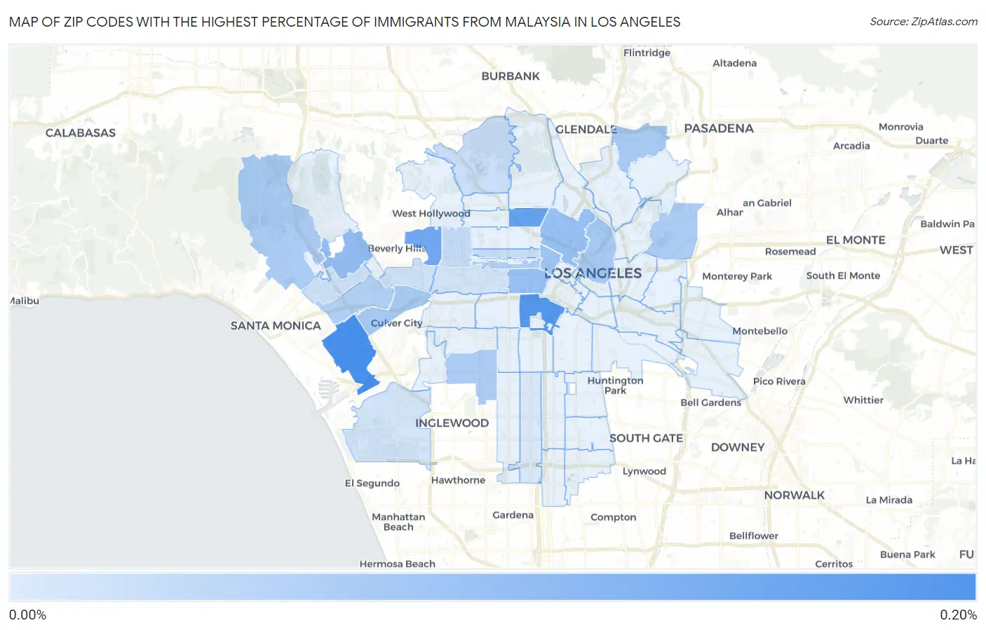 Zip Codes with the Highest Percentage of Immigrants from Malaysia in Los Angeles Map