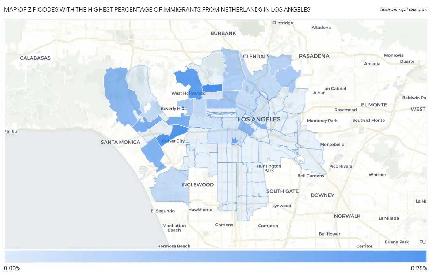 Zip Codes with the Highest Percentage of Immigrants from Netherlands in Los Angeles Map