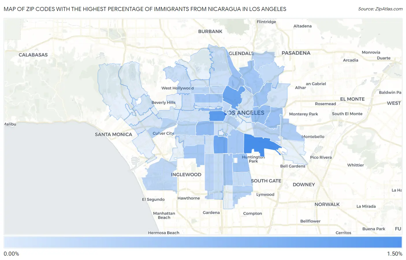 Zip Codes with the Highest Percentage of Immigrants from Nicaragua in Los Angeles Map