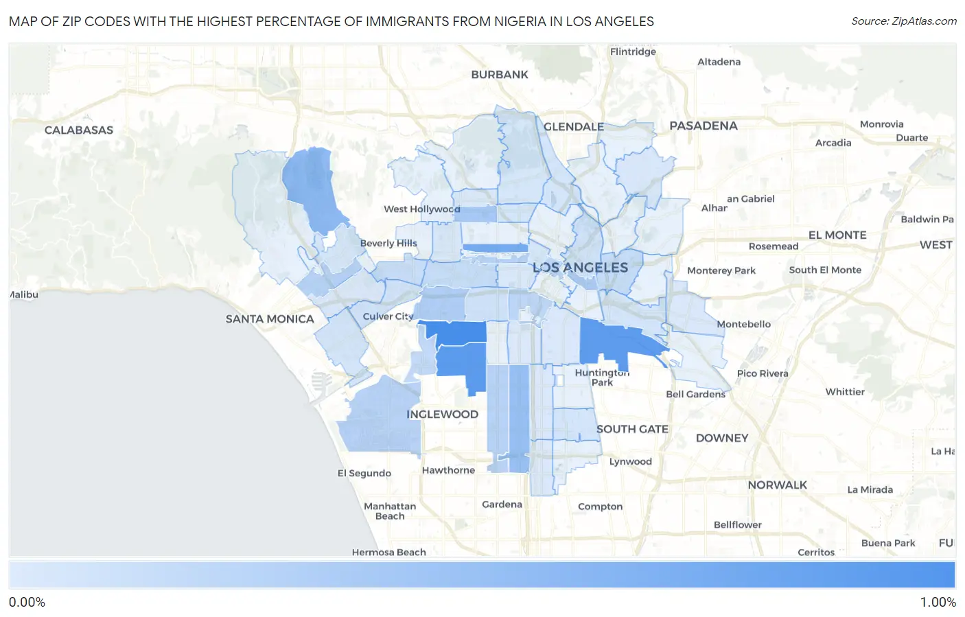 Zip Codes with the Highest Percentage of Immigrants from Nigeria in Los Angeles Map