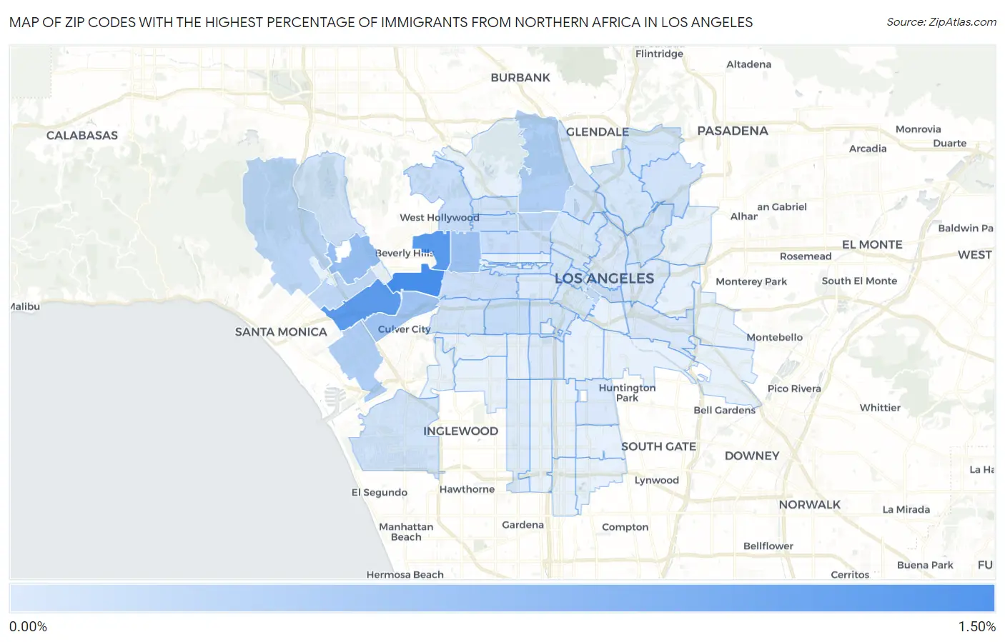 Zip Codes with the Highest Percentage of Immigrants from Northern Africa in Los Angeles Map