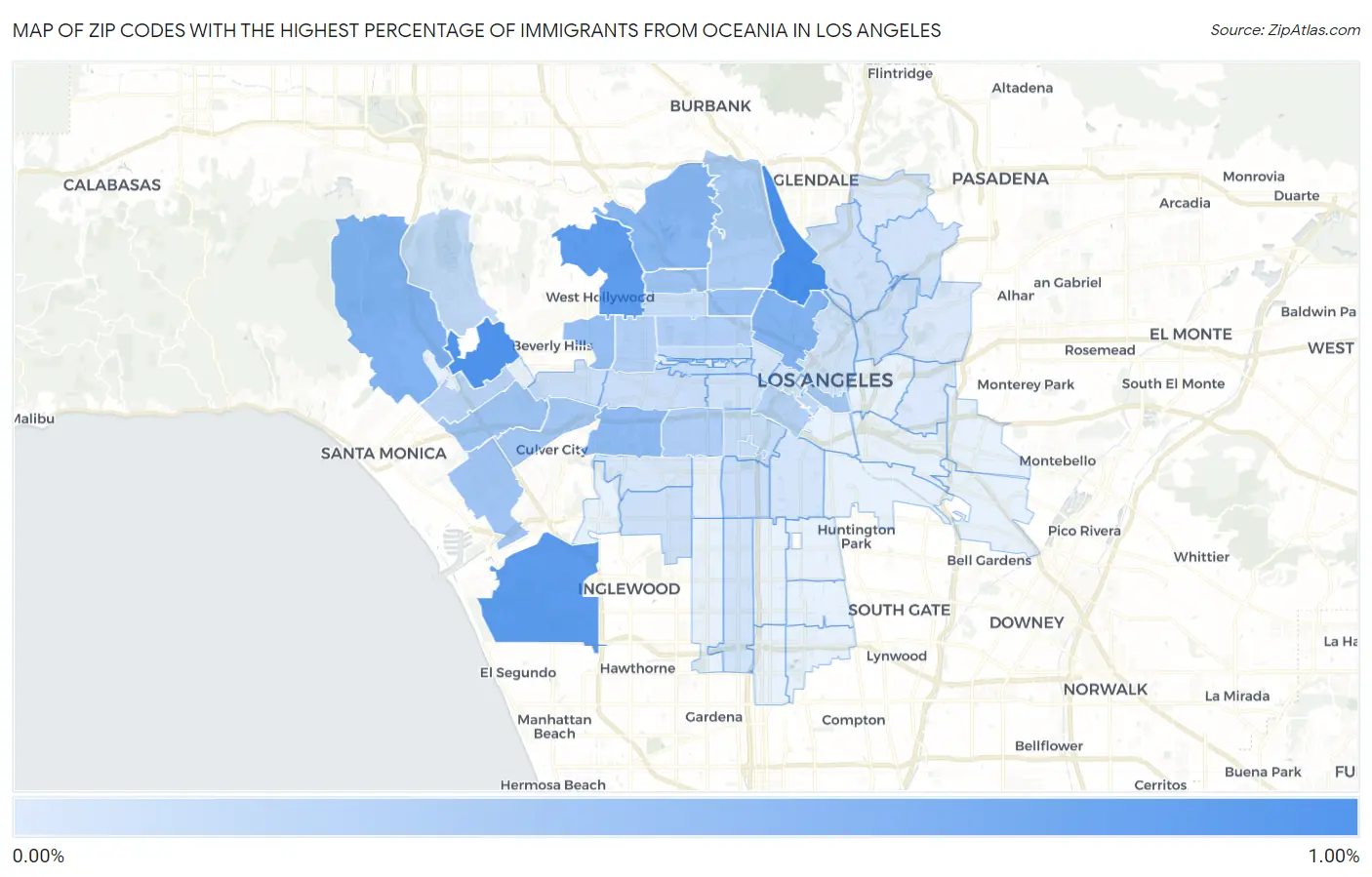 Zip Codes with the Highest Percentage of Immigrants from Oceania in Los Angeles Map