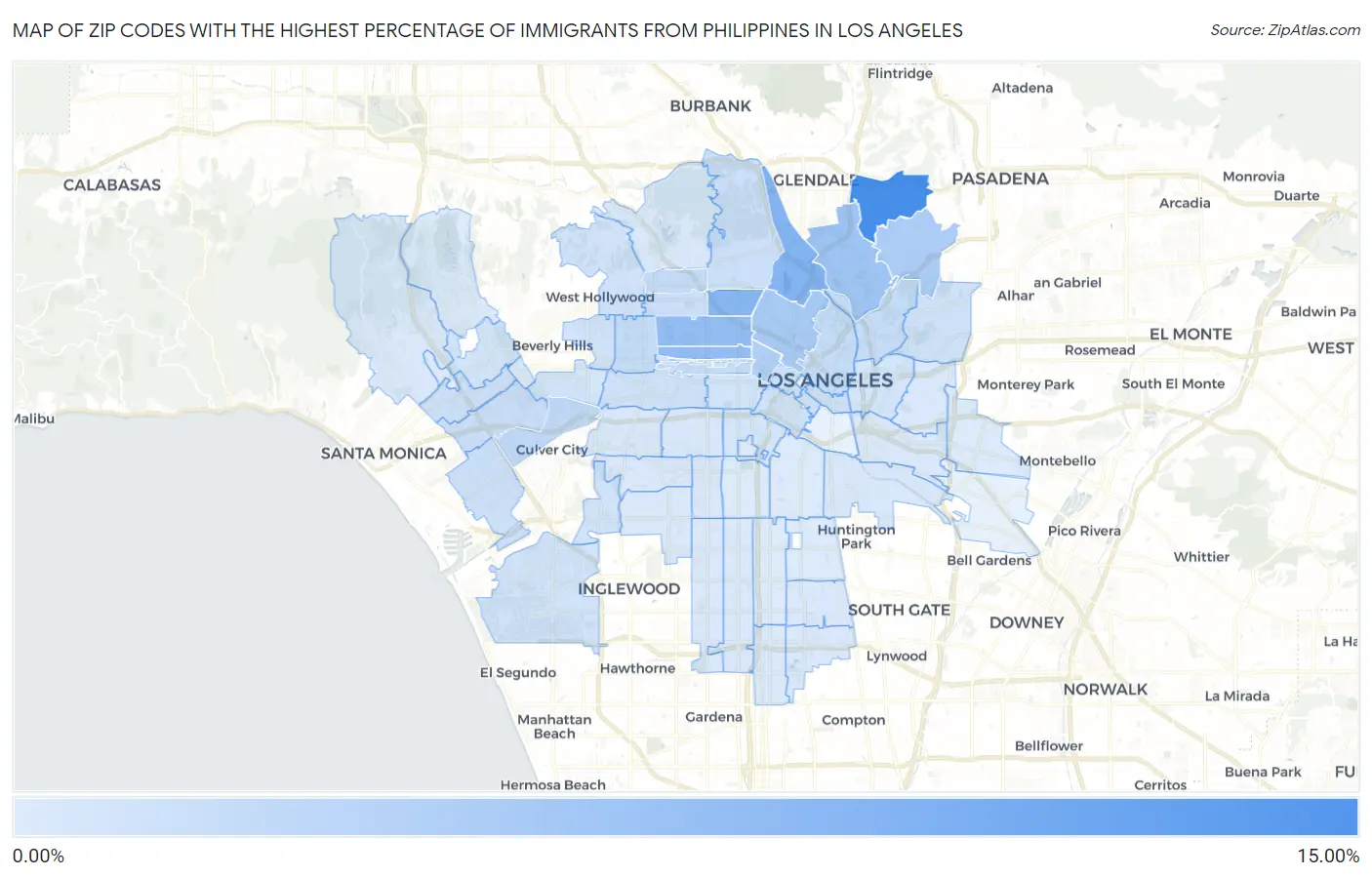 Zip Codes with the Highest Percentage of Immigrants from Philippines in Los Angeles Map