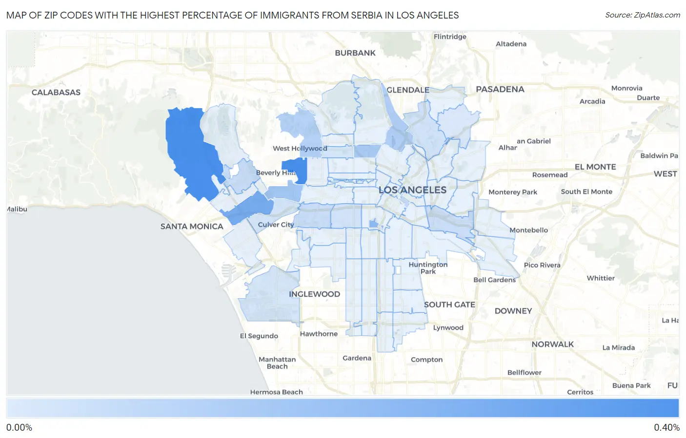 Zip Codes with the Highest Percentage of Immigrants from Serbia in Los Angeles Map