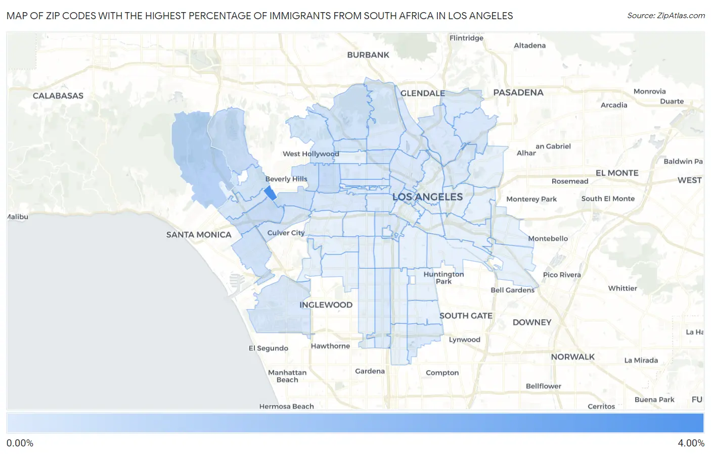 Zip Codes with the Highest Percentage of Immigrants from South Africa in Los Angeles Map