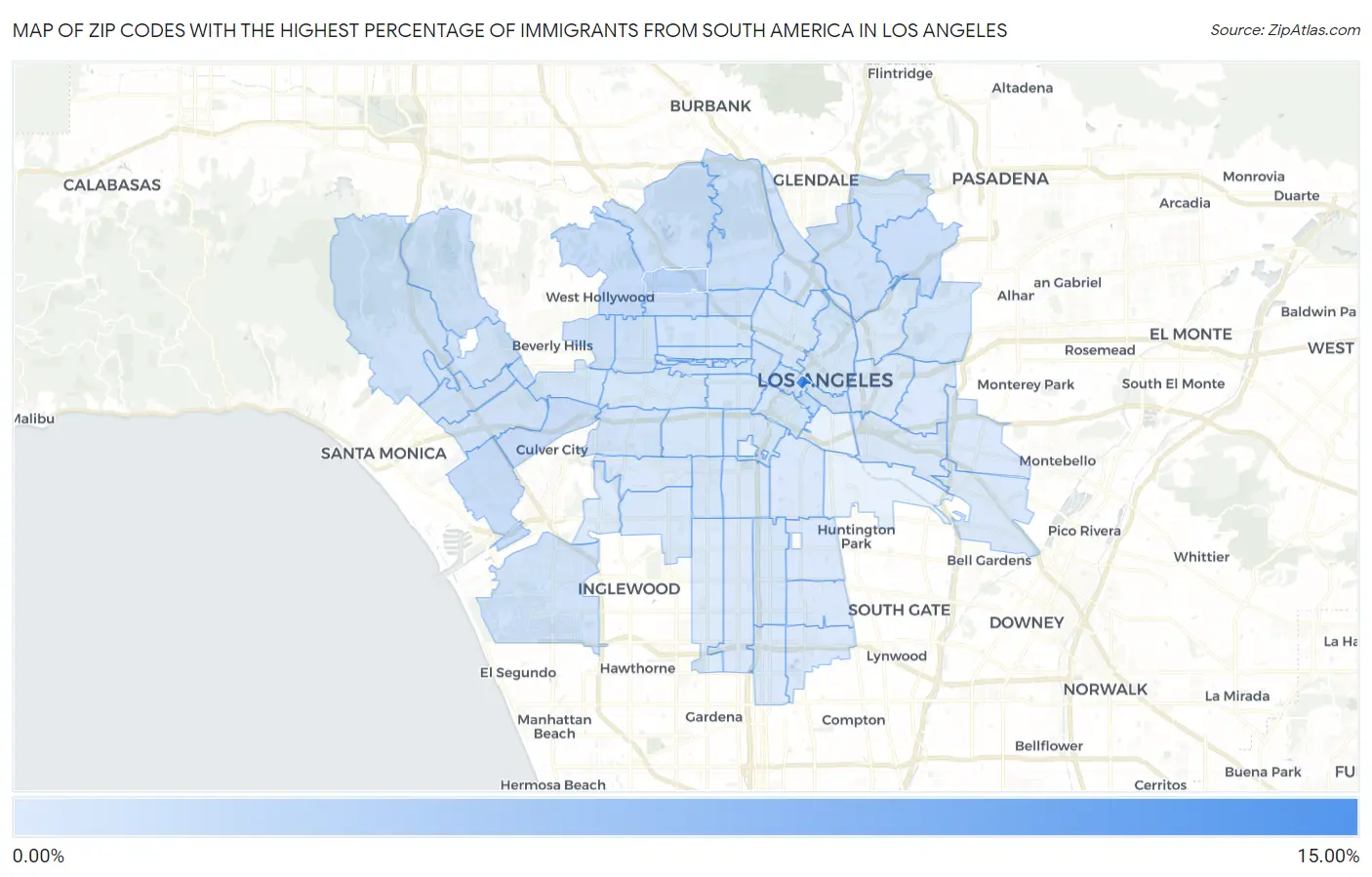 Zip Codes with the Highest Percentage of Immigrants from South America in Los Angeles Map