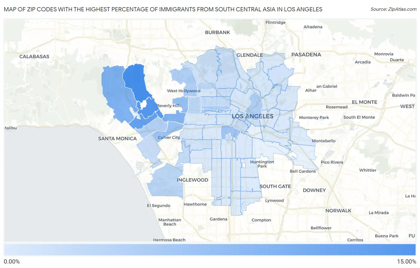 Zip Codes with the Highest Percentage of Immigrants from South Central Asia in Los Angeles Map