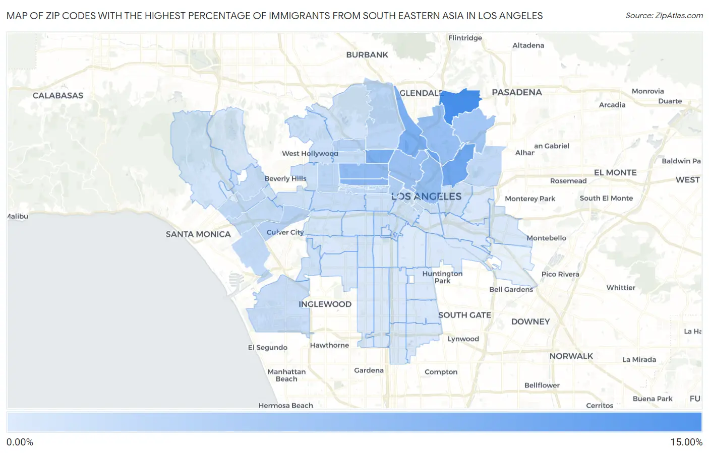 Zip Codes with the Highest Percentage of Immigrants from South Eastern Asia in Los Angeles Map