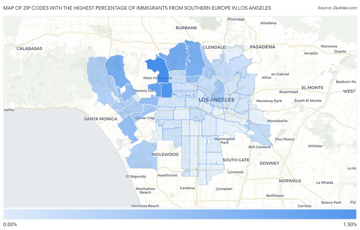 Zip Codes with the Highest Percentage of Immigrants from Southern Europe in Los Angeles Map