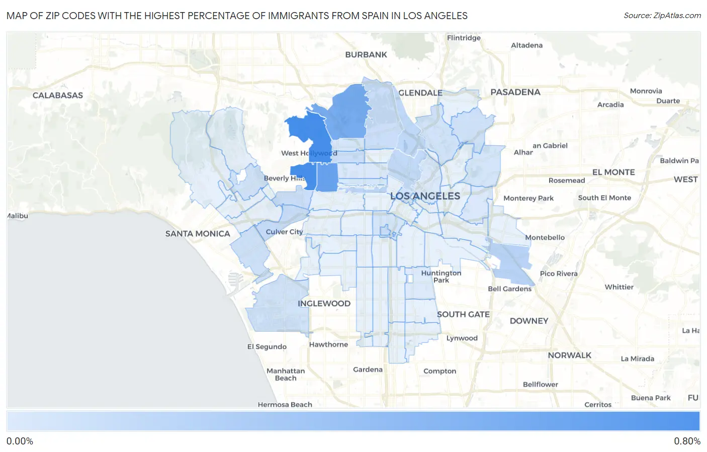 Zip Codes with the Highest Percentage of Immigrants from Spain in Los Angeles Map