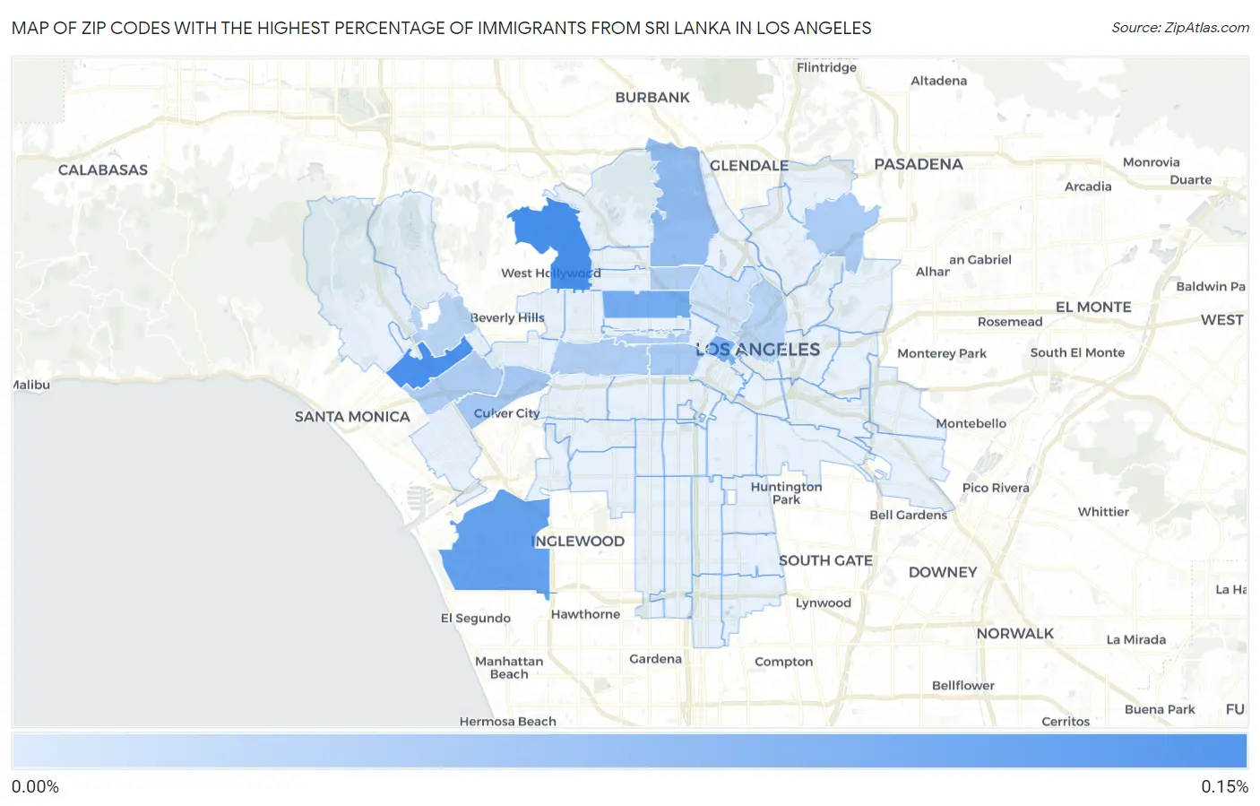 Zip Codes with the Highest Percentage of Immigrants from Sri Lanka in Los Angeles Map