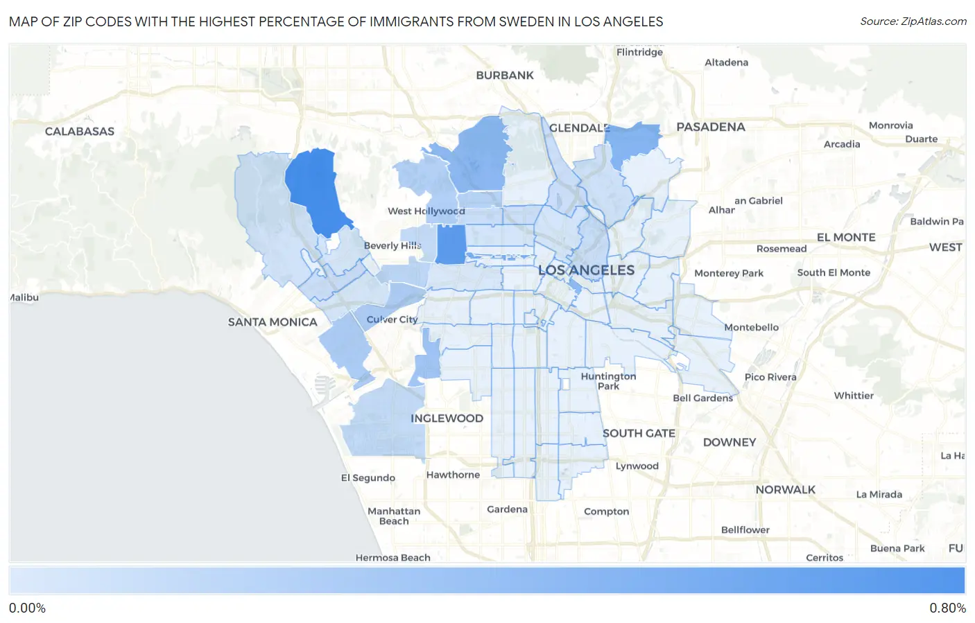 Zip Codes with the Highest Percentage of Immigrants from Sweden in Los Angeles Map