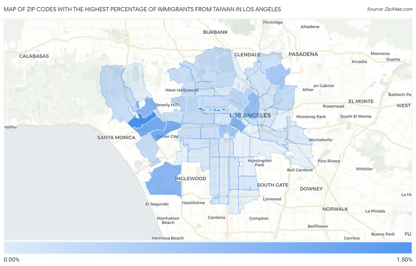 Zip Codes with the Highest Percentage of Immigrants from Taiwan in Los Angeles Map