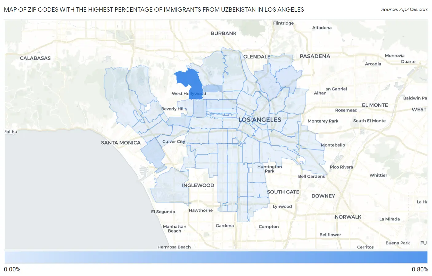 Zip Codes with the Highest Percentage of Immigrants from Uzbekistan in Los Angeles Map