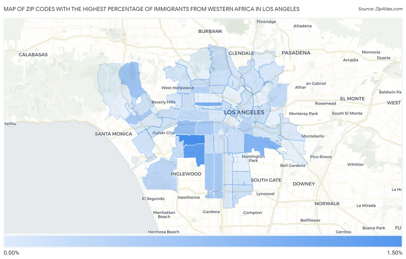 Zip Codes with the Highest Percentage of Immigrants from Western Africa in Los Angeles Map